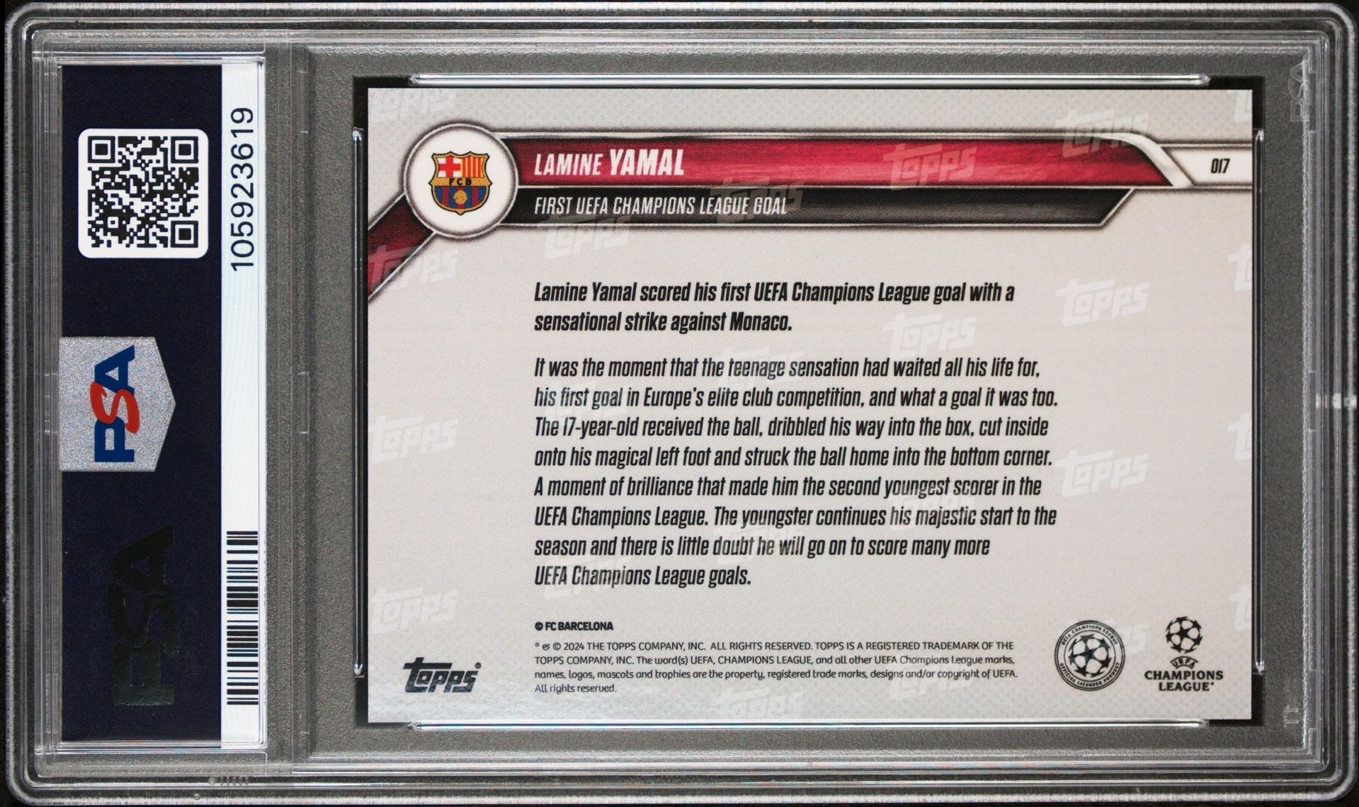 Lamine Yamal Signed 2024-25 Topps Now First UCL Goal #17 – PSA 10 Autograph 10